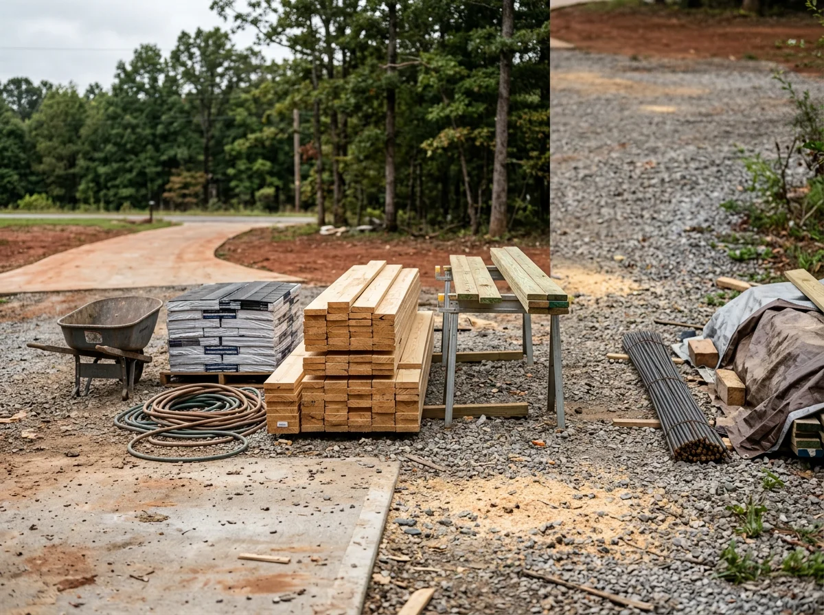 Exterior view of a construction work site with tools and building materials staged for a residential project. The scene shows no people.