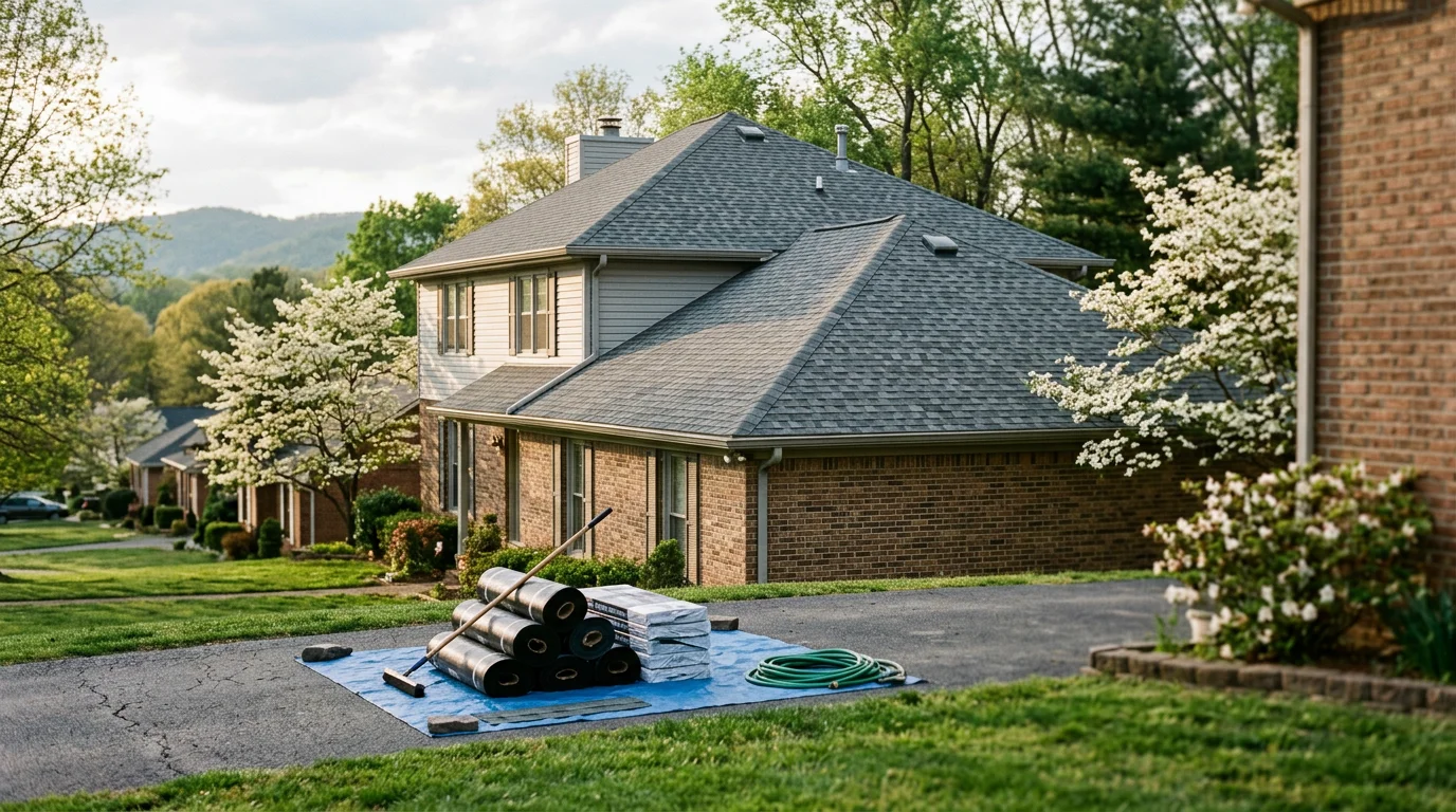 Roof replacement in progress on a home in Knoxville, Tennessee