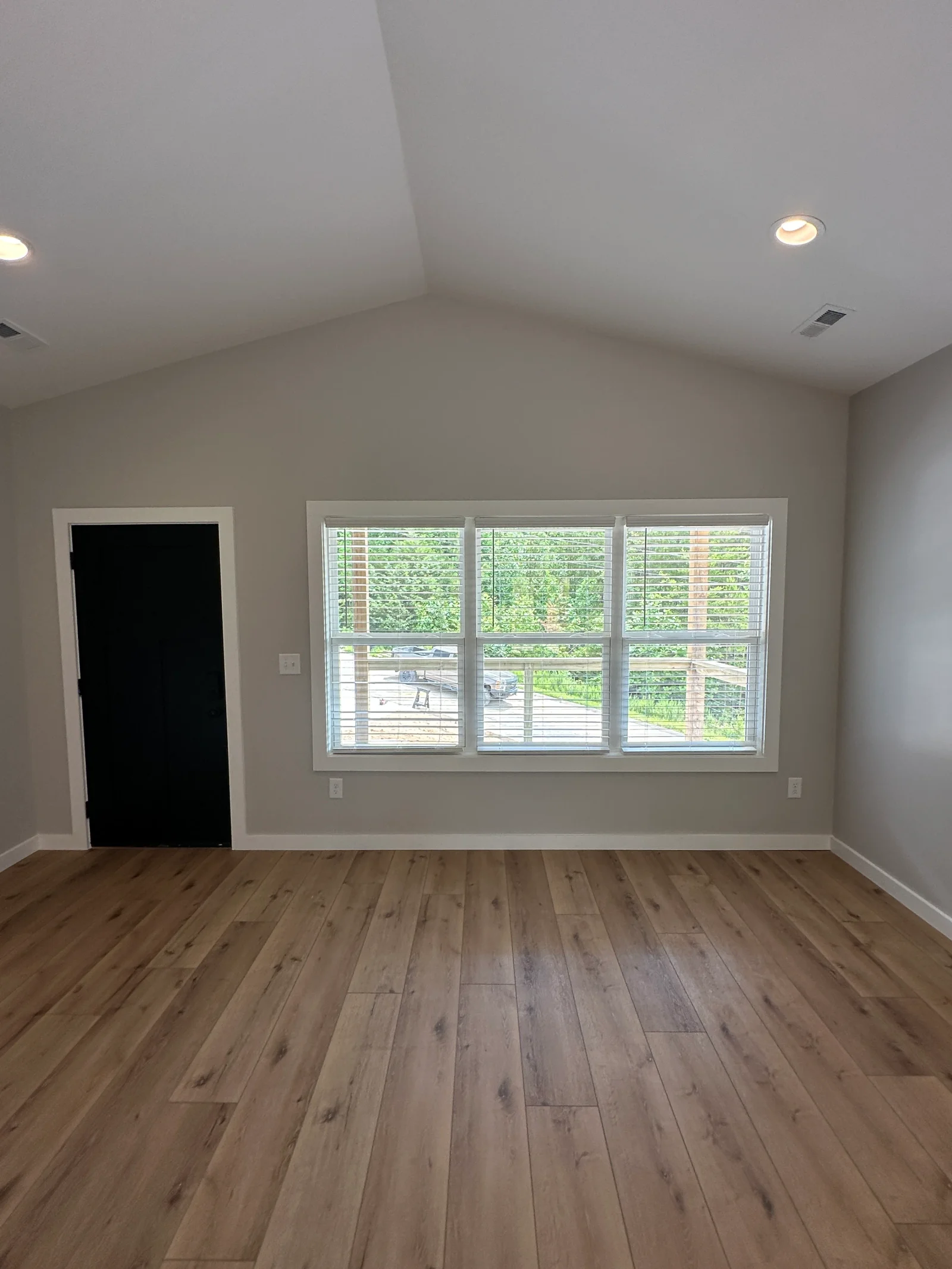 Vaulted room with wood-look plank flooring, greige walls, white trim, black interior door, and large double-hung window with blinds