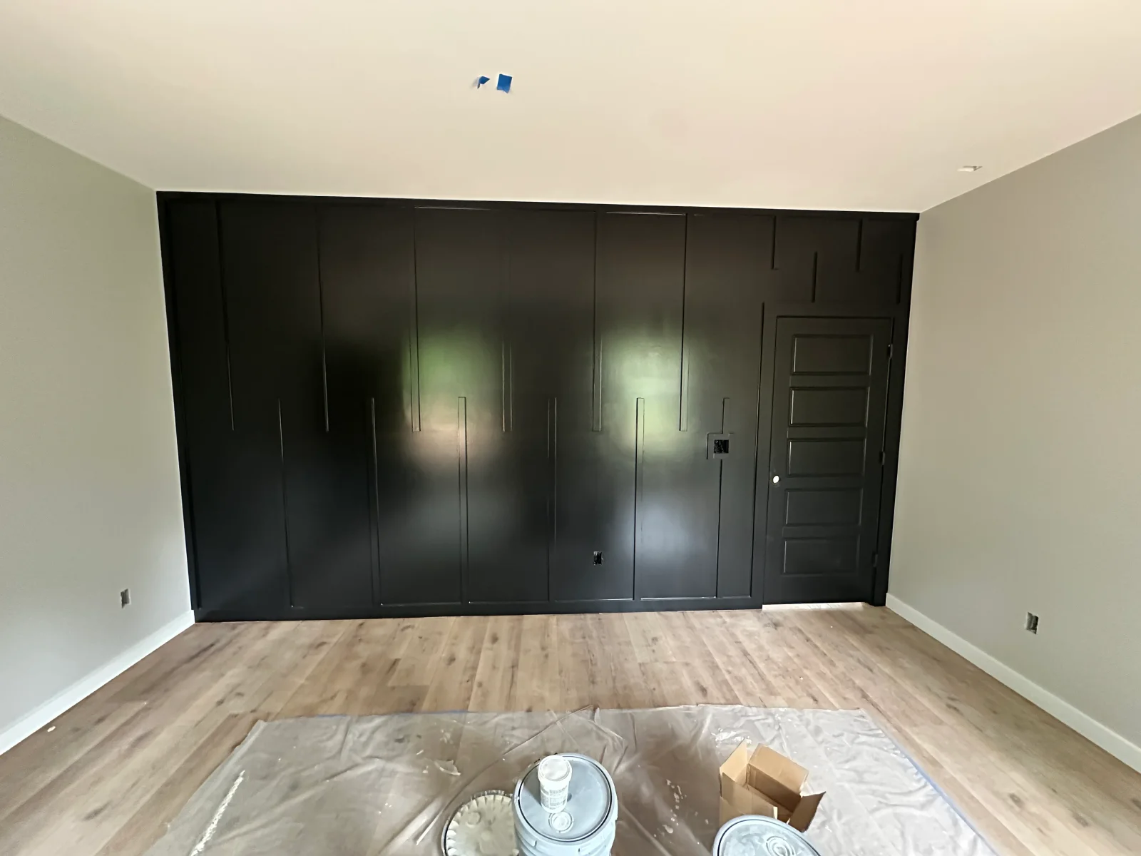Matte black built-in wall cabinets with vertical reveal lines and a paneled door, beside painted gray walls and wood-look flooring