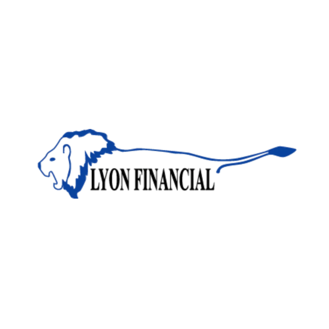 Blue stylized lion head with flowing tail beside black serif text reading Lyon Financial on white background