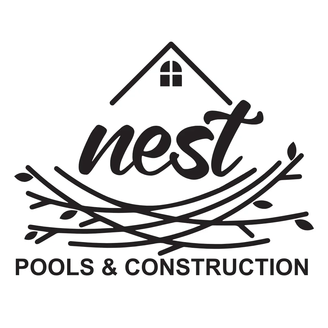 Black line-art logo with a house roof, hand-lettered 'nest', twig nest illustration, and 'POOLS & CONSTRUCTION' text