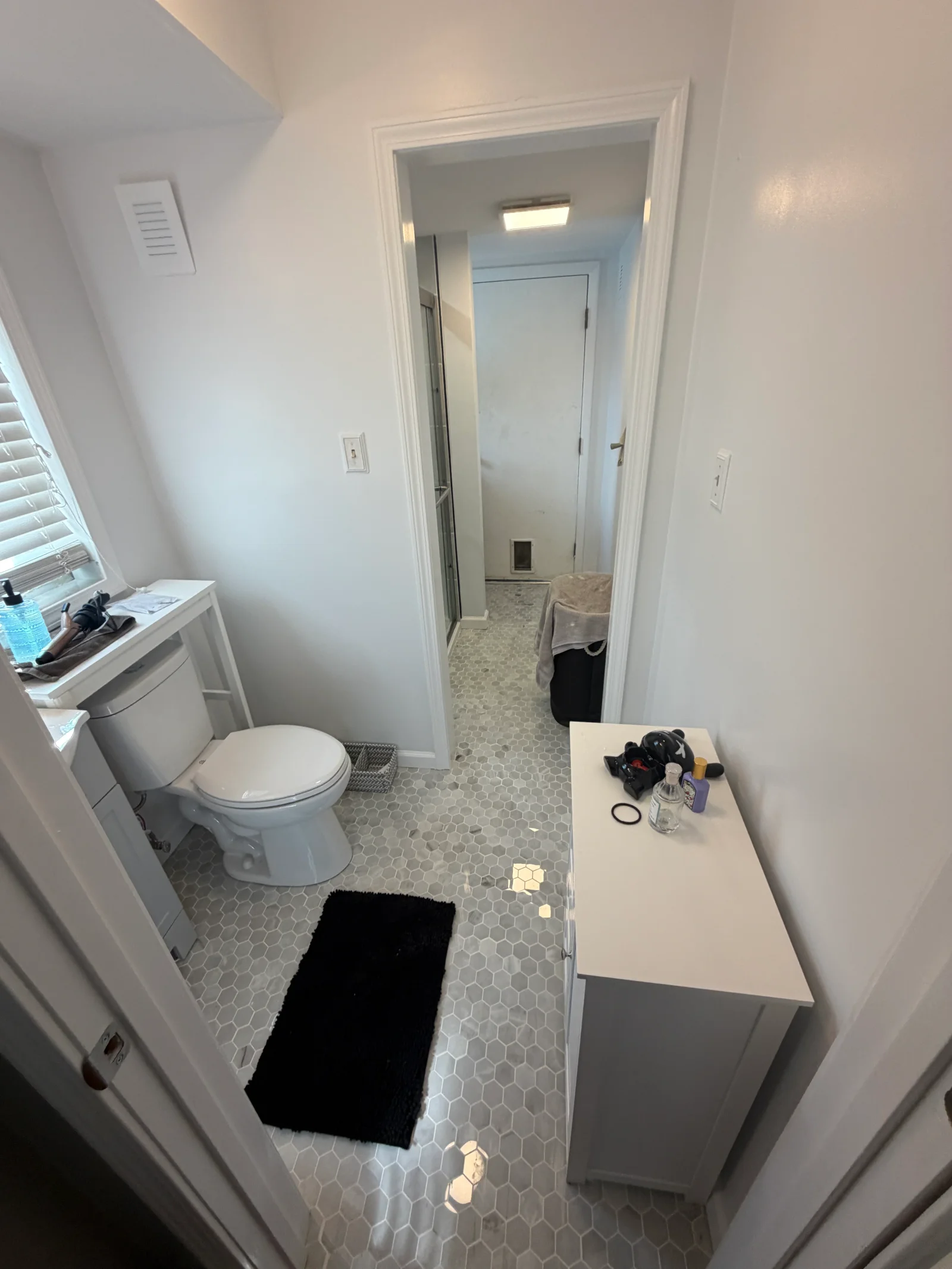 Bathroom with white hexagon mosaic tile floor, white toilet, white vanity cabinet, and glass shower enclosure