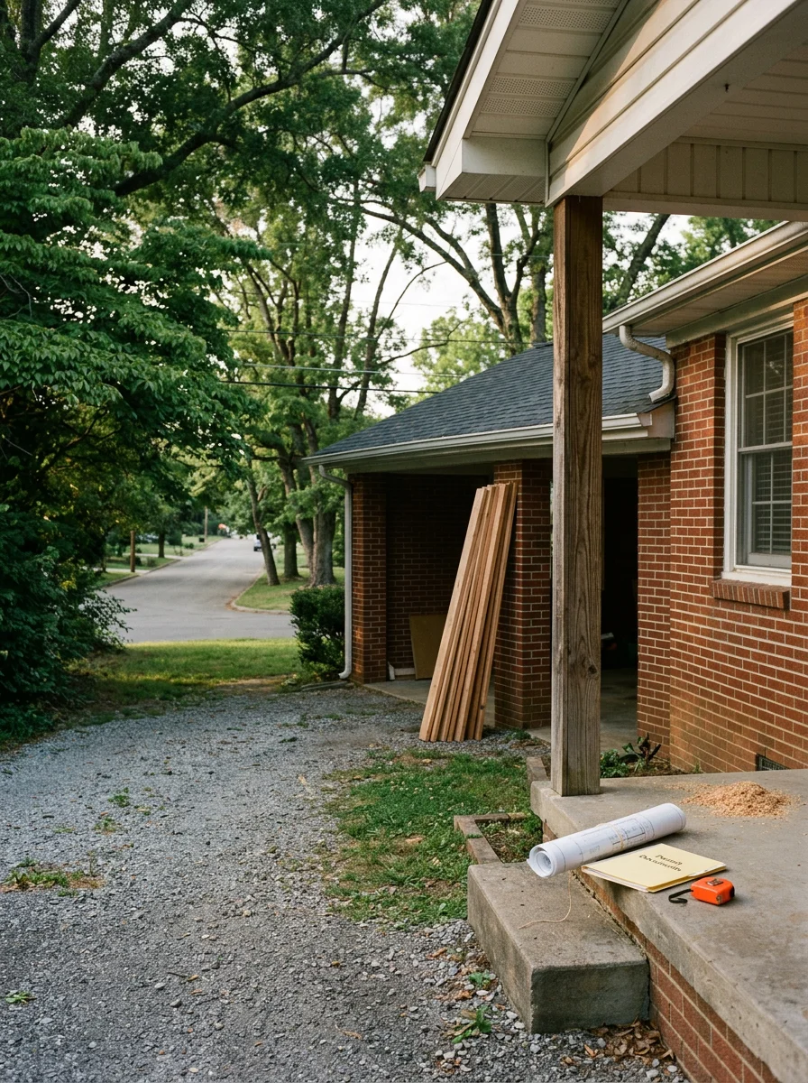 A general contractor reviewing permit documents on a clipboard outside a mid-century home on a tree-lined residential street in Bearden, west Knoxville, Tennessee.