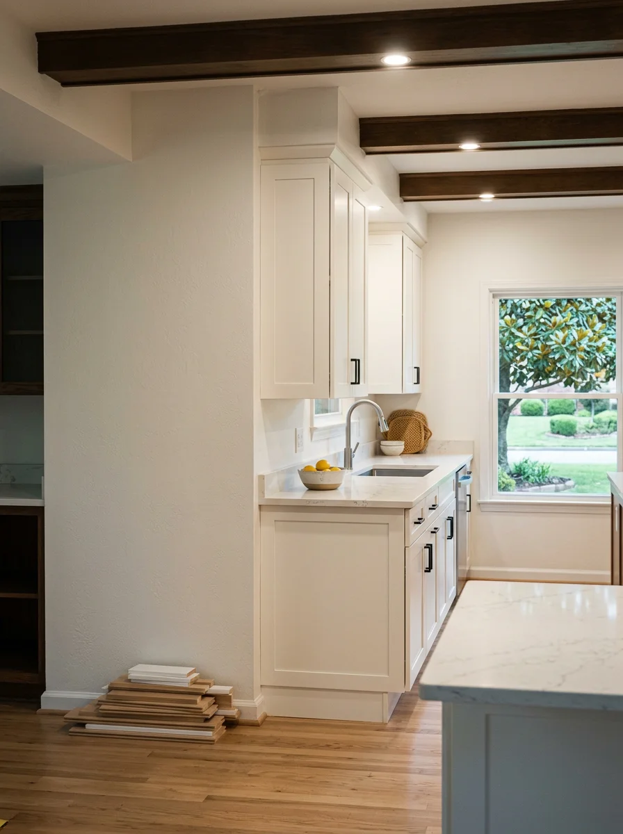 A remodeled open-concept kitchen inside a 1980s Farragut, TN home with new cabinetry, quartz countertops, and updated lighting replacing the original closed-off layout.