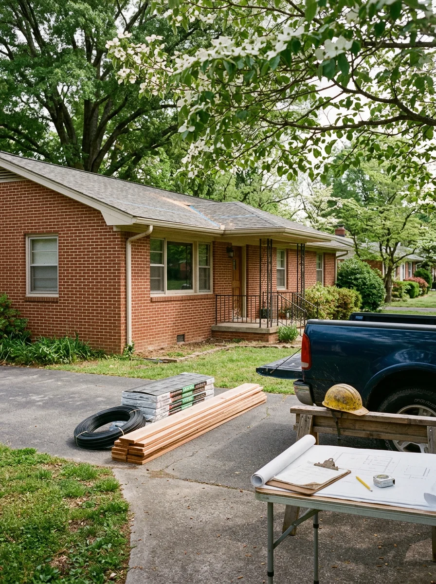 Close-up of a general contractor reviewing construction plans on a clipboard in front of a mid-century ranch home in Knoxville, TN, with roofing materials staged in the driveway.