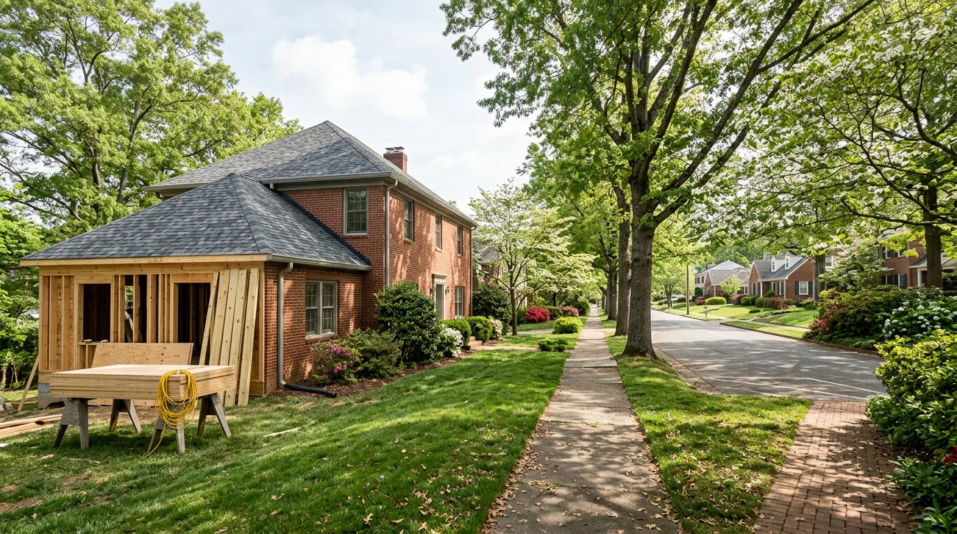 A two-story brick home in a Knoxville, Tennessee neighborhood with a newly installed architectural shingle roof and a framed addition under construction on the side of the house.