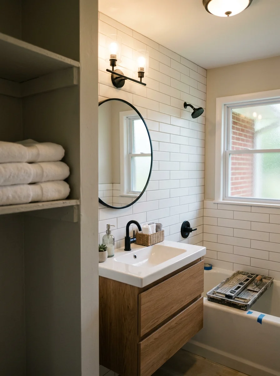 A remodeled bathroom inside a 1960s ranch home in Maryville, TN, showing updated tile, fixtures, and vanity replacing original mid-century finishes in a compact floor plan.