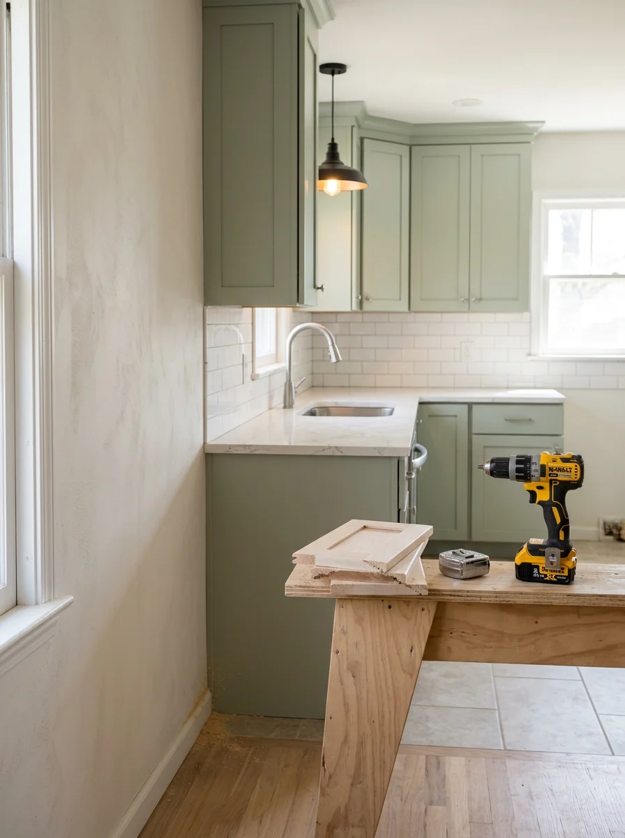 Interior of a remodeled kitchen inside an Oak Ridge, TN alphabet house, showing updated cabinetry and countertops replacing the original small, enclosed kitchen layout.