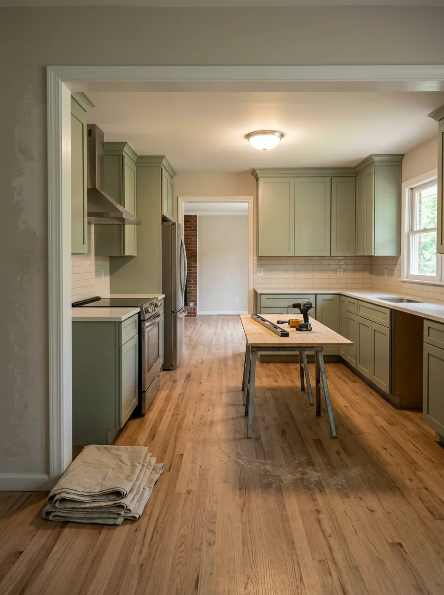 A remodeled open-concept kitchen inside a 1970s ranch home in Powell, TN, with a removed wall between the kitchen and living area, new cabinetry, and updated countertops.