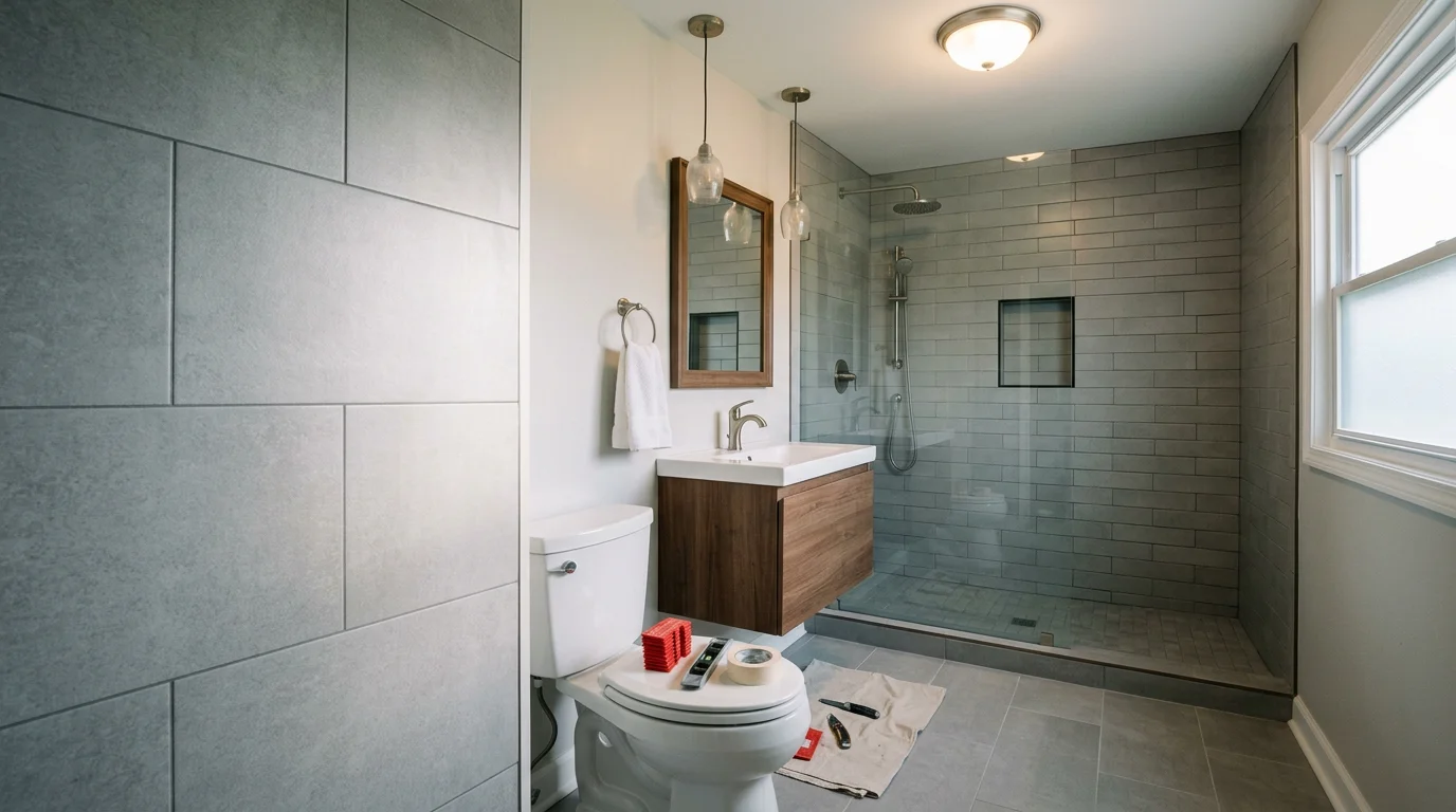 Finished bathroom remodel in a Knoxville, TN home showing a tiled walk-in shower with a glass door, updated vanity, and new flooring. The space reflects a full gut remodel completed by Nest Construction LLC serving the Knoxville metro area.