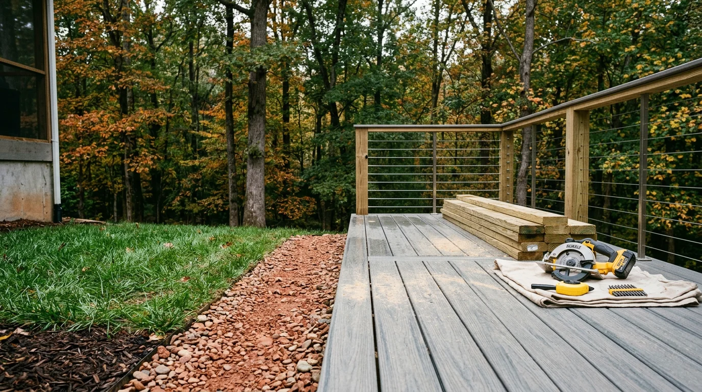 A newly built custom composite deck attached to a residential home in Knoxville, Tennessee, featuring multi-level framing and a railing system overlooking a backyard yard. The deck boards show a wood-grain finish suited to East Tennessee's outdoor living season.