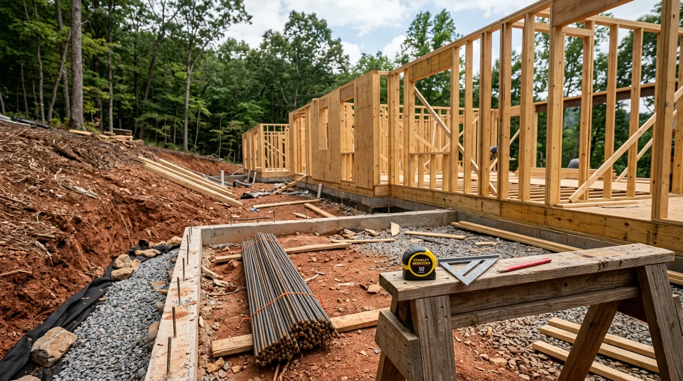 A newly completed custom home on a wooded lot in the Knoxville, Tennessee area, showing a covered front porch and exterior built to suit the natural grade of the property. The home reflects the hilly East Tennessee landscape with a foundation and layout specific to the site.