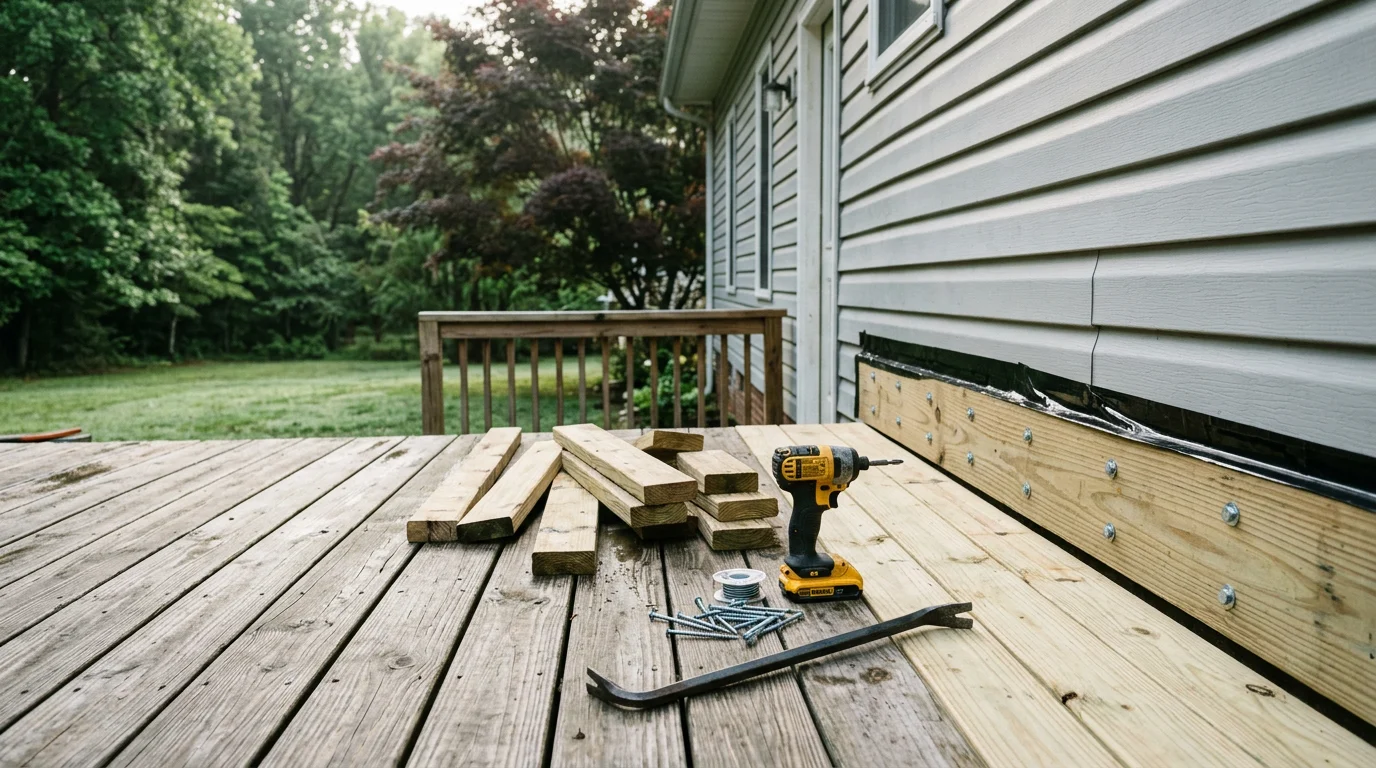 Repaired wood deck with replaced boards and restored railings on a residential home in Knoxville, TN. Close view shows new pressure-treated deck boards installed flush alongside existing framing after structural joist inspection.