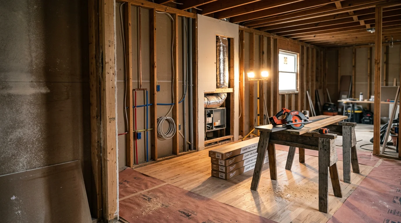 A fully remodeled home interior in Knoxville, Tennessee, showing an open-concept kitchen and living area with updated flooring and modern finishes. The renovation reflects a whole-home remodel completed by a general contractor serving Knox County.