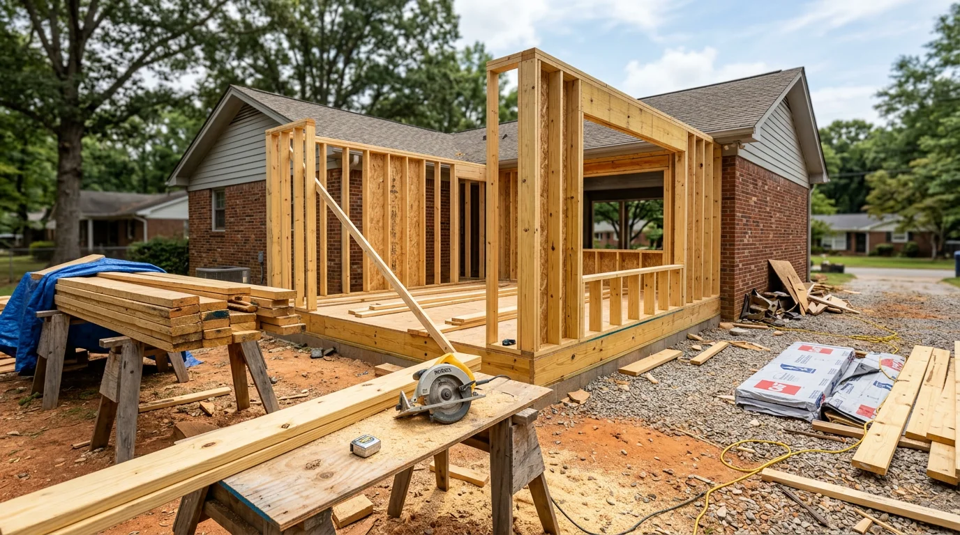 A newly completed single-story home addition in Knoxville, Tennessee, with matching exterior siding and roofline tied into the existing house. The addition extends the rear of a residential home in a Knox County neighborhood.