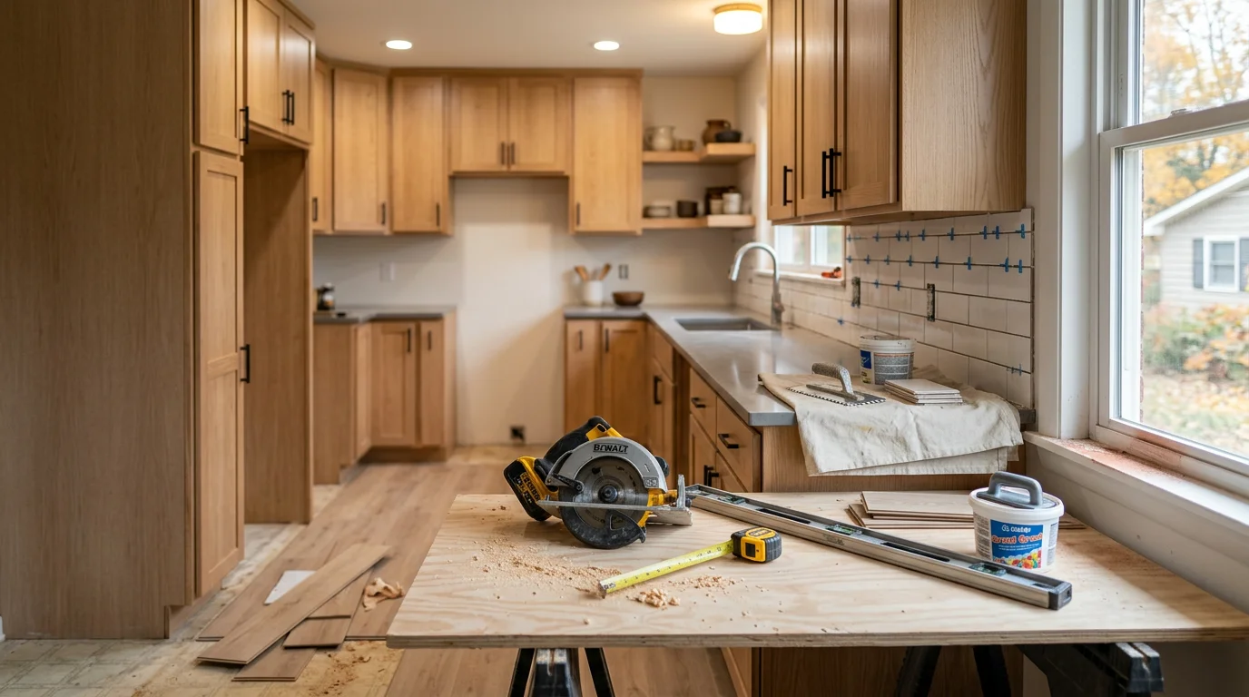 Finished kitchen remodel in a Knoxville, TN home featuring shaker cabinets, a subway tile backsplash, and LVP flooring. The updated layout includes an island with added counter space and recessed lighting overhead.