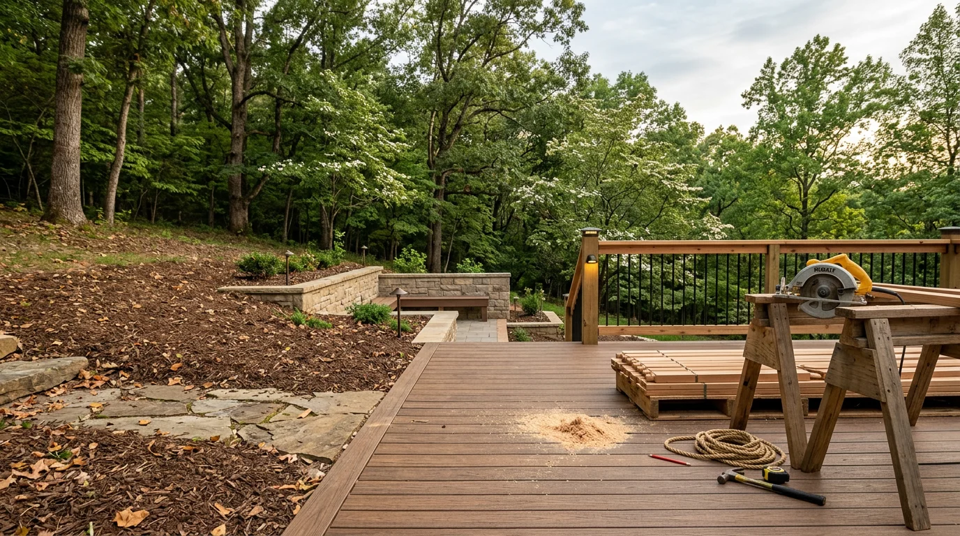 Completed outdoor living space on a sloped Knoxville, TN residential lot featuring a tiered hardscape patio with natural stone retaining walls, a gas fire pit, and a pergola with landscape lighting. The build shows how a graded East Tennessee backyard can be converted into a connected multi-level entertaining area.