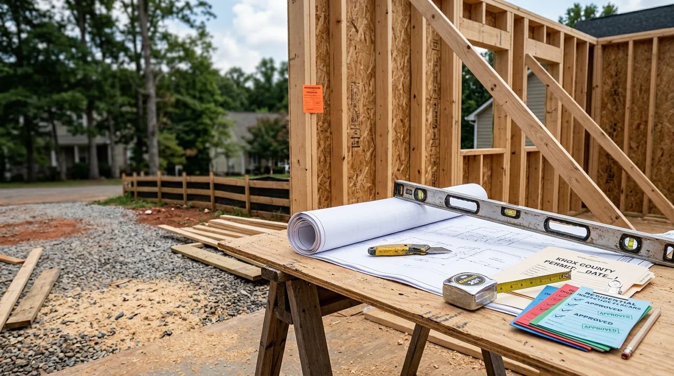 A general contractor reviewing architectural plans and permit documents on a job site in Knoxville, Tennessee, with a residential structure under construction in the background.