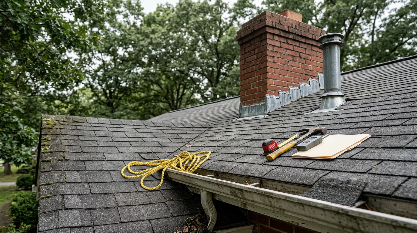 A roofing contractor from Nest Construction LLC inspecting asphalt shingles and flashing on a residential roof in Knoxville, TN. Close-up view showing granule wear and flashing condition around a roof penetration.