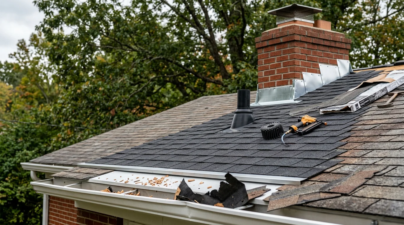 A roofing contractor repairing wind-damaged shingles and chimney flashing on a residential home in Knoxville, Tennessee. Close-up view shows replaced shingles and resealed flashing on an East Tennessee home after storm damage.
