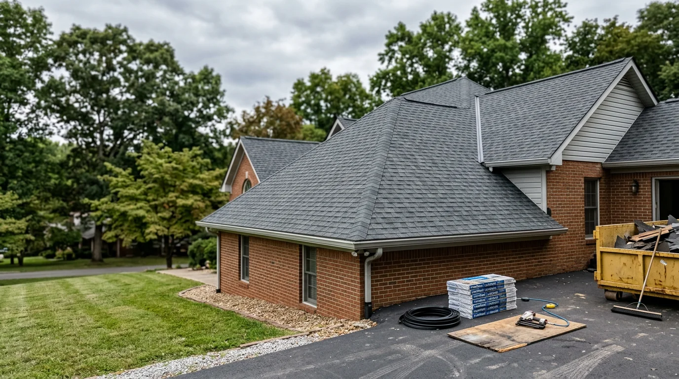 A completed roof replacement on a residential home in Knoxville, Tennessee, showing new architectural shingles, clean ridge cap, and finished drip edge along the roofline. The home sits in a typical Knox County neighborhood with mature trees visible in the background.