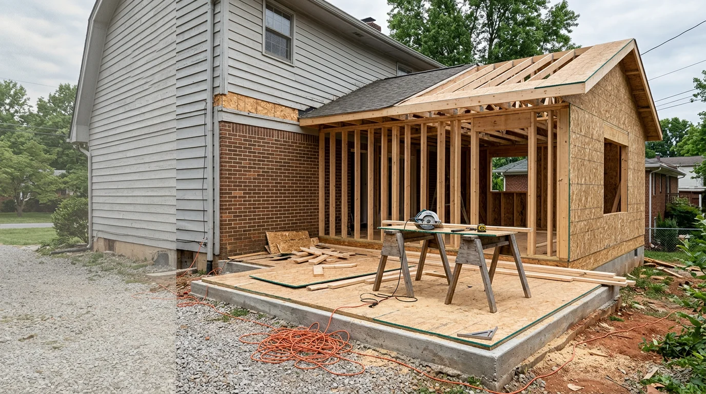 A newly completed room addition on a single-family home in Knoxville, TN, showing a seamless roofline connection and matching exterior siding. The addition extends the rear of the home and includes a large window overlooking the backyard.